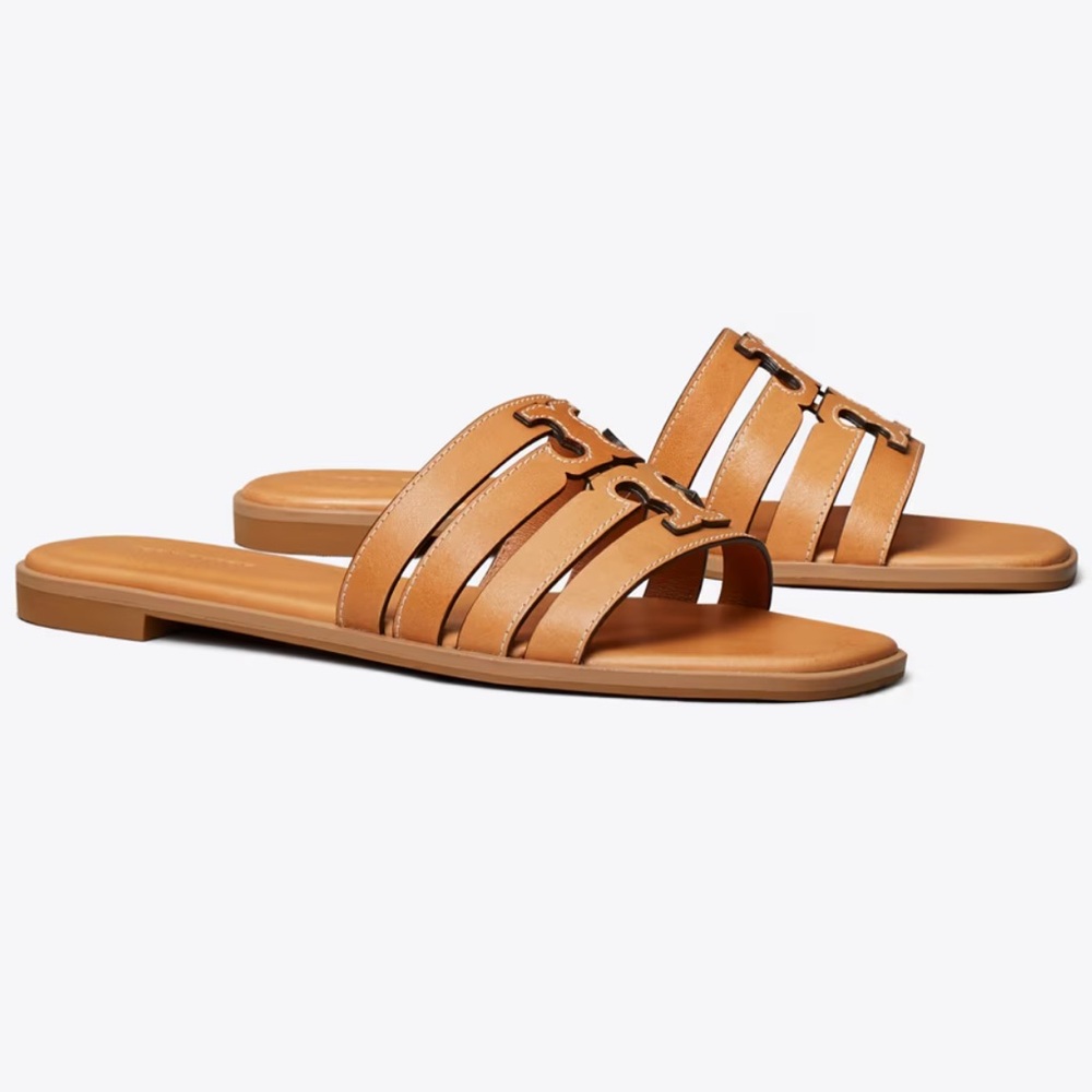 Tory Burch Ines Cage Slide in Vachetta Leather Camello Logo Sandals